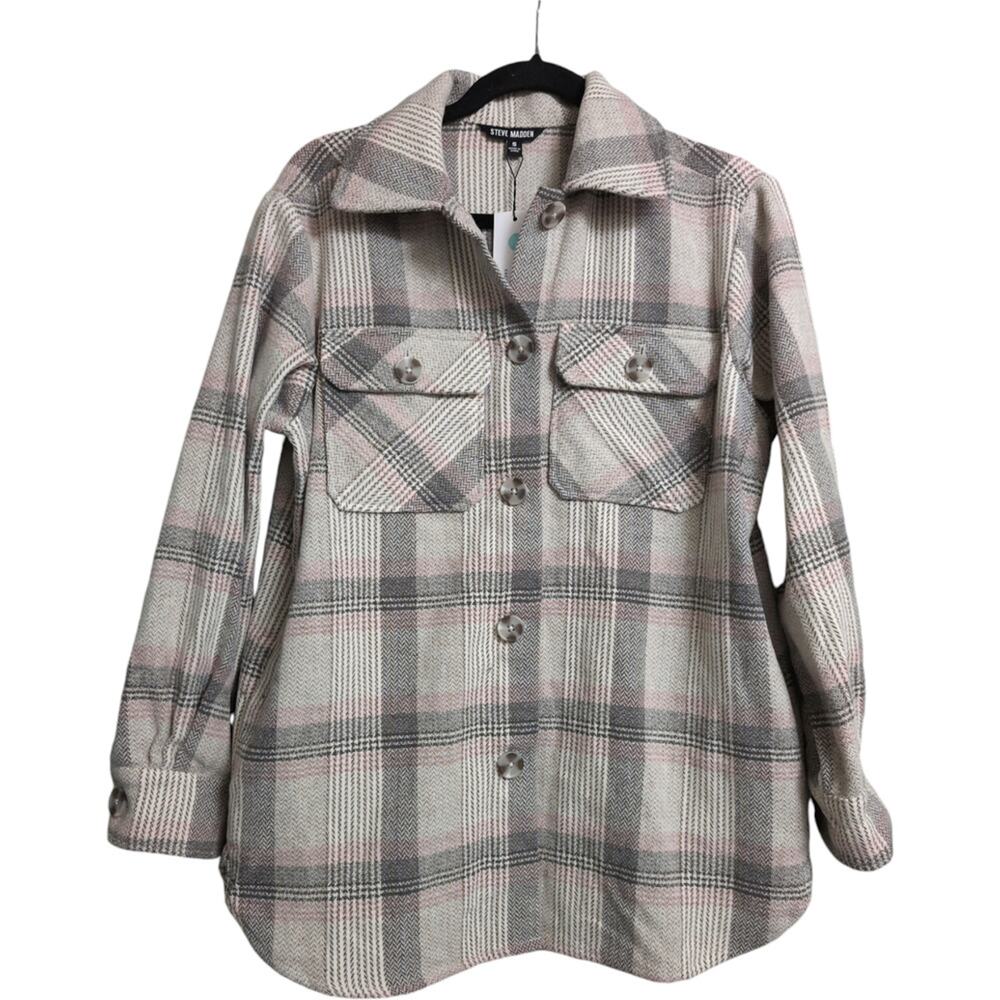 NWT Steve Madden High Noon Shacket Light Grey Plaid Button Front Collar Size S